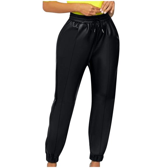 Viikei Womens Pants,Fashion Women's Solid High Waisted Pants Ladies Button Slim Leather Pants Black S