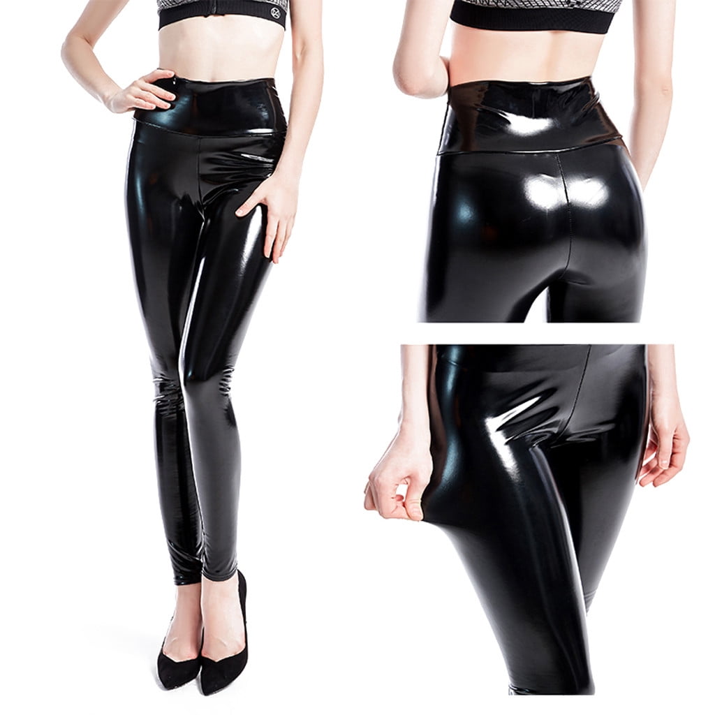 Viikei Womens Pants under $10,Women's Stretchy Faux Leather Leggings Pants,Sexy Black High Waisted Tights Black XL