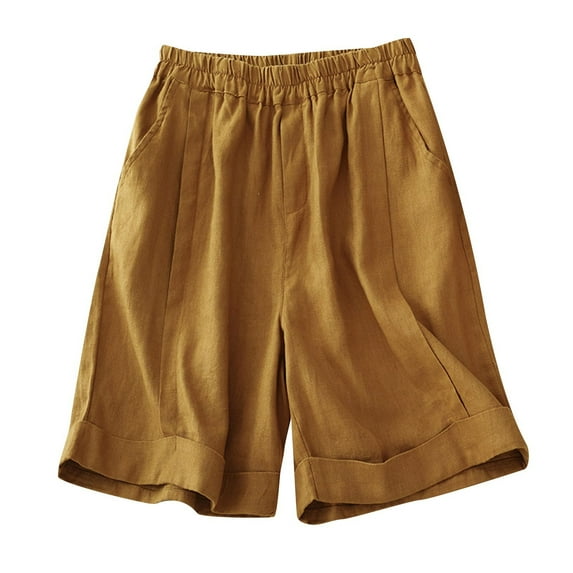 Viikei Womens Pants Shorts Under $5 Women's Summer Cotton Linen Elastic Waist Solid Thin Quarter Shorts