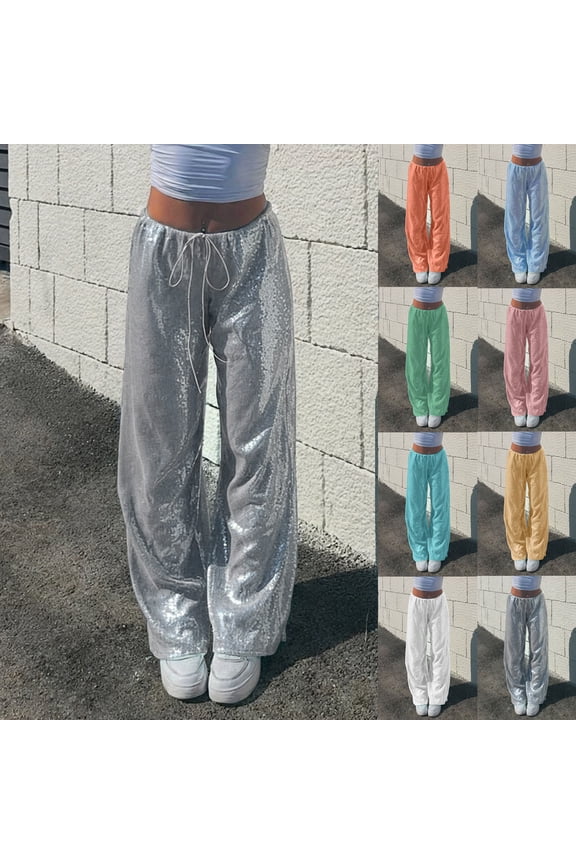 Womens Pants Wide Leg,Womens Fashion Solid Sequin Drawstring Casual Elastic Waist Long Pants Green L