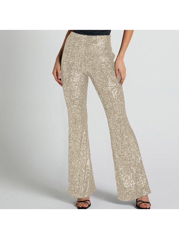 Womens Pants with Pockets,Women's New Solid Color Sexy Fashionable Casual High Waist Sequin Trumpet Pants Beige S