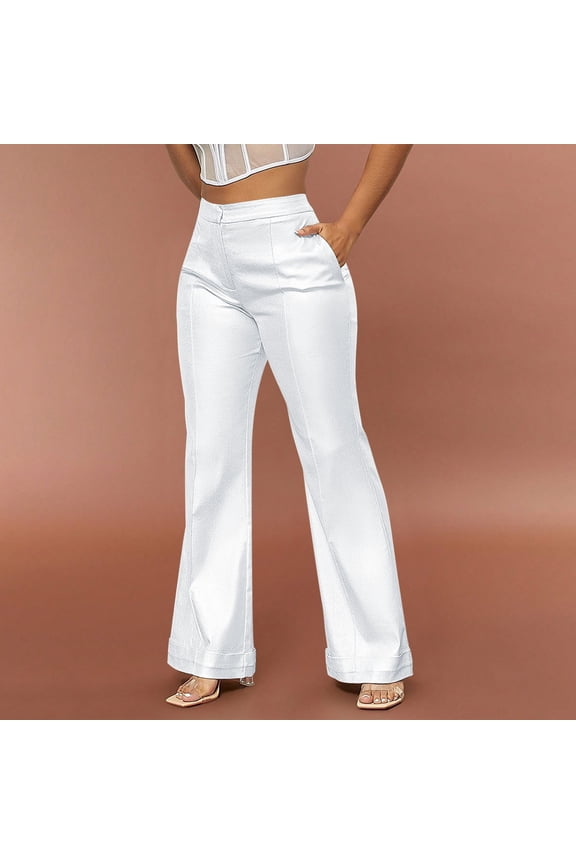 Womens Pants with Pockets,Women's Solid Color Casual Drape Slightly Flared Slim Pants White XS