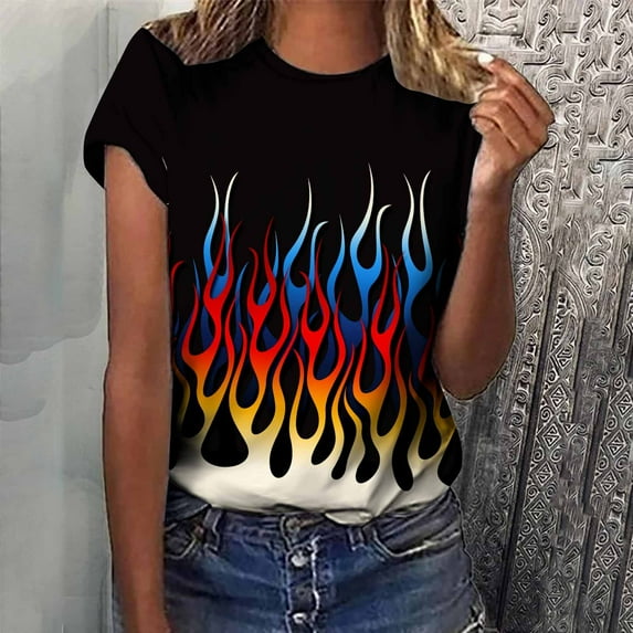Viikei Womens Plus Short Sleeve Tops Ladies Short Sleeve Tops Plus Size Women T-shirt Short Sleeve Crewneck Flame Printed Pattern Casual Blouse Prin