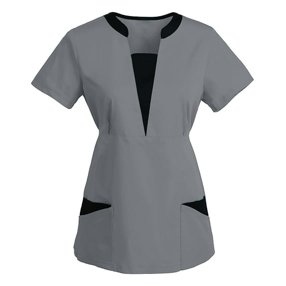 Viikei Womens Plus Short Sleeve Tops Clearance Ladies Short Sleeve Tops Plus Size Women T-shirt Short Sleeve V-Neck Work Uniform Solid Patchwork Color Pocket Blouse