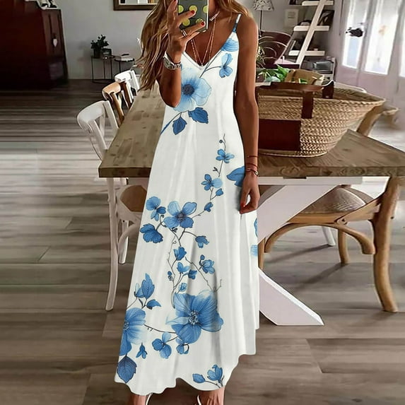 Viikei Womens Plus Size Clearance Dresses,Fashion Women Summer Casual Solid V-Neck Camis Sleeveless Long Dress Blue M