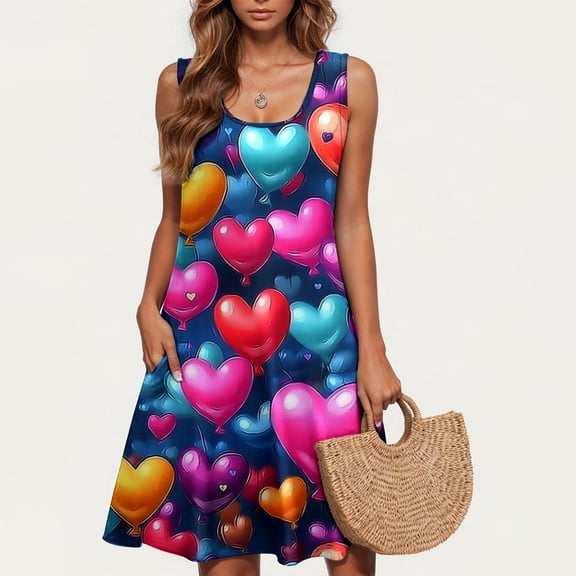 Viikei Womens Plus Size Dresses,Summer Dresses for Juniors,Valentine's Day Women Casual Plus-size Sleeveless Crew Neck Print Short Dress Blue XXL