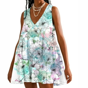 Viikei Womens Plus Size Clearance Dresses,Summer Dresses for Juniors,Women Casual Loose Summer Print Pleated Sleeveeless V-Neck Dress with Pocket Mint Green XL