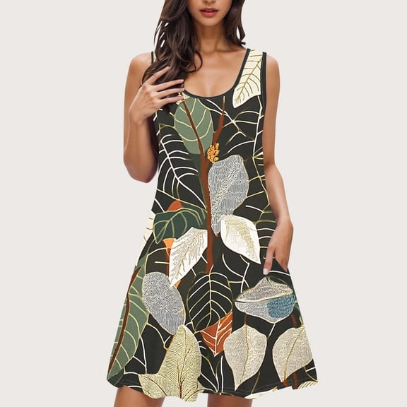 Viikei Womens Plus Size Clearance Dresses,Summer Dresses for Juniors,Women Print with Pockets Sleep Shirts Sleeveless Sleepwear Nightshirt Round Neck Nightdress Multicolor S