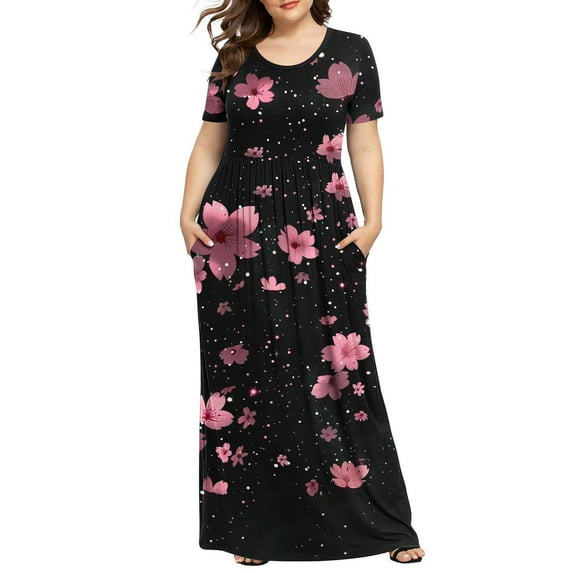 Viikei Womens Plus Size Clearance Dresses,Women's Printed Maxi Short Sleeve Dress,Women's Plus Printed Casual Short Sleeve Round Neck Pleated Pocket and Ankle Dress Multicolor XXXL