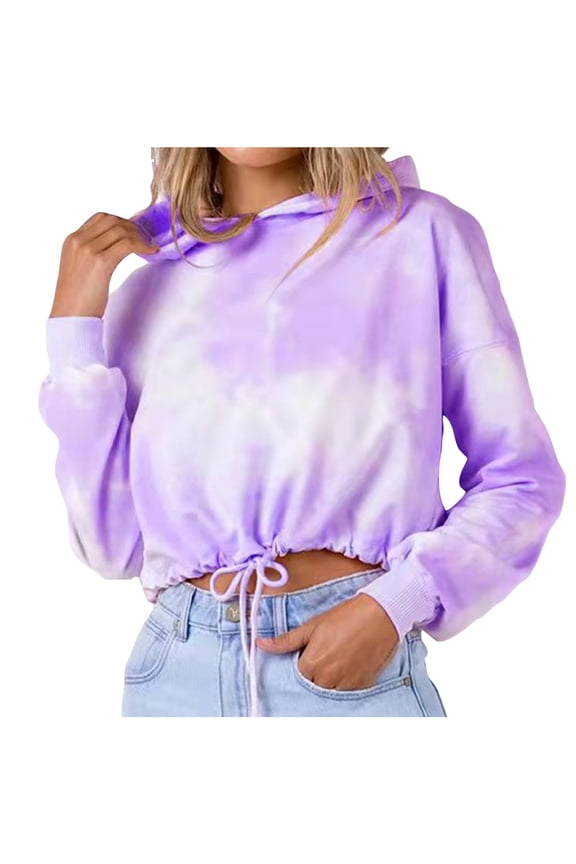 Womens Plus Size Clearance Women's Tie Dyed Hooded Loose Fitting Casual Pullover Drawstring Long Sleeved Sweater