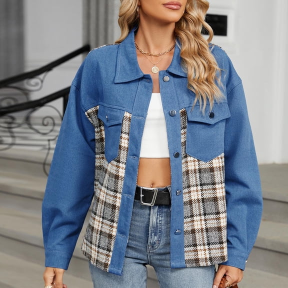 Viikei Womens Plus Size Outerwear Heavyweight,Women's Fashionable Solid Color Lapel Long Sleeved Denim Jacket Top Blue XL