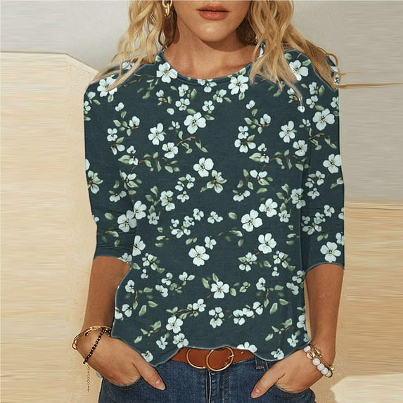 Viikei Womens Plus Size Tops 3/4 Sleeve,Ladies' Easter Day Printed Round Neck Three Quarter Sleeve 3/4 Sleeve T-shirt Loose Army Green XXXXL