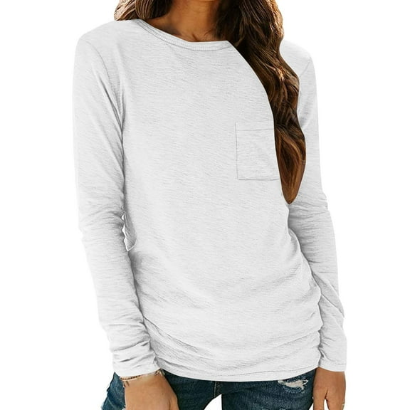 Spring Tops for Women Viikei Womens Plus Size Tops,Women's Solid Color Crew-Neck Long-Sleeved Baggy Top with Pockets White S