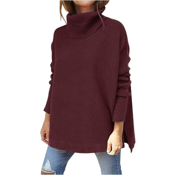 Viikei Womens Plus Size Tops Womens Turtlenecks Clearance Womens Long Sleeve Tops Fashion Casual Solid Split Fork Knitted Sweater Long Sleeve Turtleneck Tops