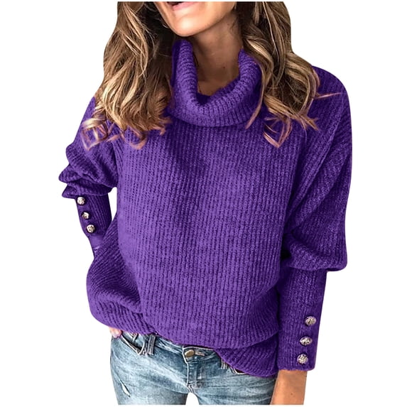 Viikei Womens Plus Sweaters Turtleneck Sweaters for Women Knitted Sweater Women Sweater Clearance for Women Fashion Turtleneck Pullover Button long Sleeve Loose Knitted Sweater Tops