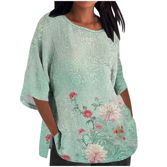 Spring Tops for Women 2025 Viikei Womens Plush Hoodies,Blouses for Women 2025 Plus Size Tops Clearance,Women's Ladies Fashion Casual Cropped 3/4 Sleeve Printing Loose Shirt Blouse Top Green XXXL