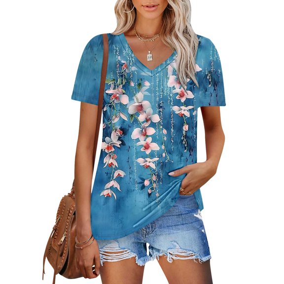 Viikei Womens Shirts Plus Size,Dressy Blouses for Women,Women's New Short-sleeved V-neck Pullover Casual Printed Fashion Top Multicolor L