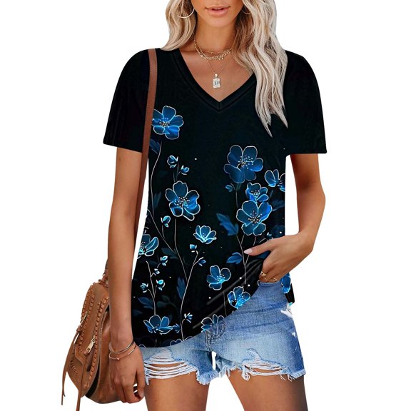 Viikei Womens Shirts Plus Size,Dressy Blouses for Women,Women's New Short-sleeved V-neck Pullover Casual Printed Fashion Top Multicolor XXL