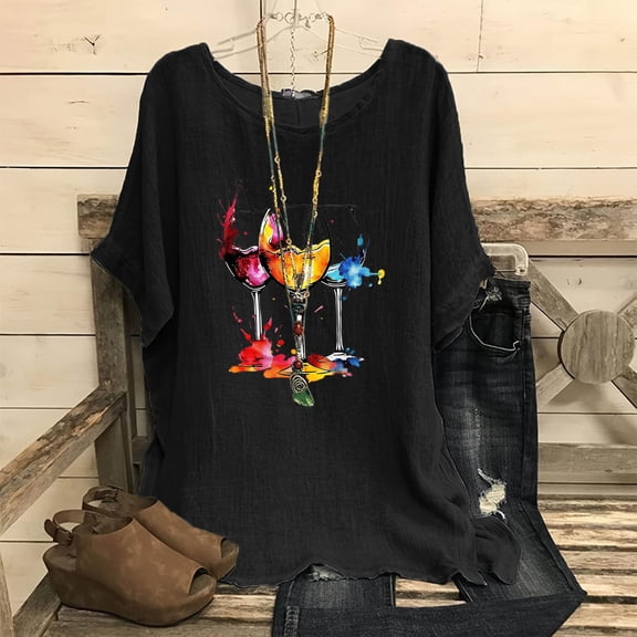 Viikei Womens Shirts Short Sleeve,Dressy Blouses for Women,Women's Fashion Print Tees Casual Crew Neck Raglan Short Sleeve Loose T Shirt Linen Blouses Black S