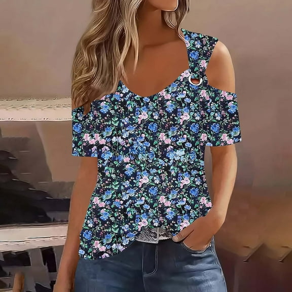 Viikei Womens Shirts Short Sleeve,Women's New Short-sleeved Off-the-shoulder Cutout Casual Printed Black L