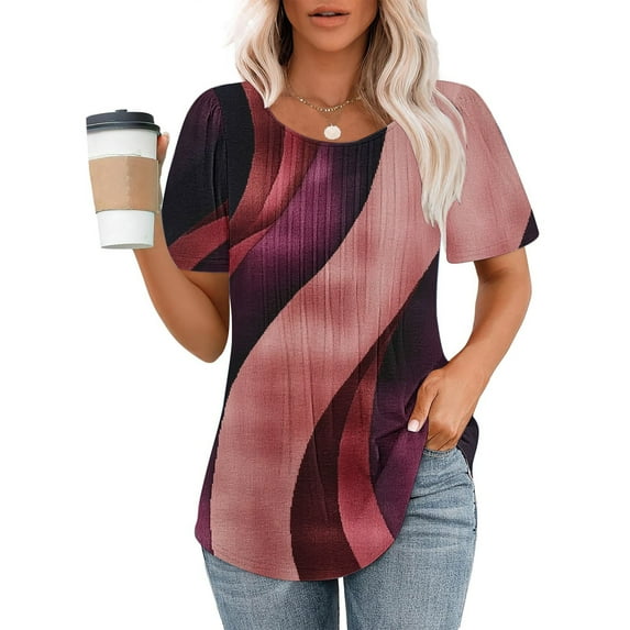 Viikei Womens Shirts under $5,Ladies' Casual Short Sleeved Loose Round Neck Printed Top Multicolor S