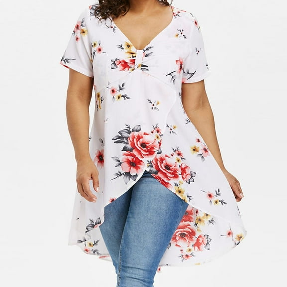 Viikei Womens Short Sleeve Tops Ladies T Shirts T-shirts Womens Large Size Floral Printing Long T-Shirt Short Sleeve Tops Blouse