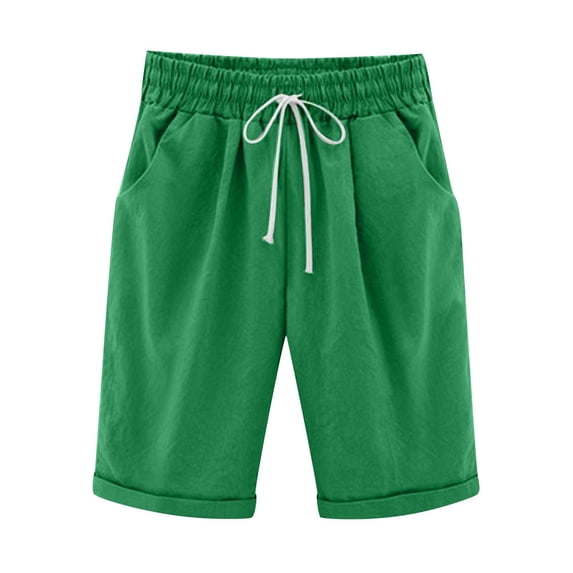Viikei Womens Shorts 2025 Fashion Plus Size Loose Fit Elastic Lightweight Basic Solid Color Beach Medium Pockets Pants for Women Summer Five Points Large Size Cotton Linen Pants Leisure Pants