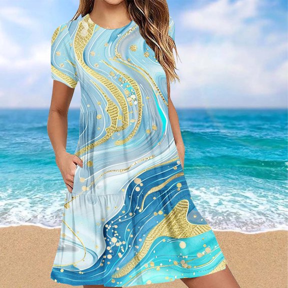 Viikei Womens Summer Dresses under $10,Casual Floral Print Short Sleeve Dress,Fashion Women's Summer Casual Short Sleeve Round-Neck Knee-High Pocket Dress Green M