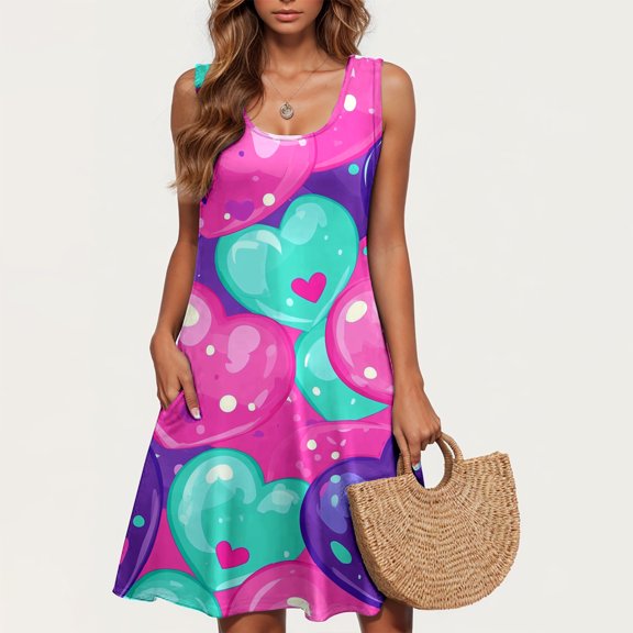 Viikei Womens Summer Dresses under $10,Dresses for Women Plus SizeValentine's Day Women Casual Plus-size Sleeveless Crew Neck Print Short Dress Pink XL