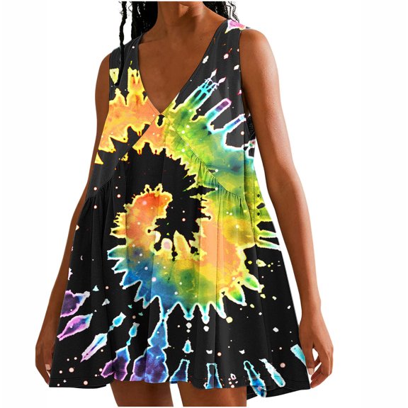 Viikei Womens Summer Dresses under $10,Dresses for Women Plus SizeWomen's Tie Printed Casual Loose Pleated Sleeveless V-neck Dress with Pockets Multicolor S