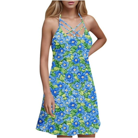 Viikei Womens Summer Dresses under $10,Flowy Chiffon Short Sleeve Dress,Women Summer Dresses Beach Lace Panel Print Sleeveless Casual Loose Tank Dress Sky Blue L