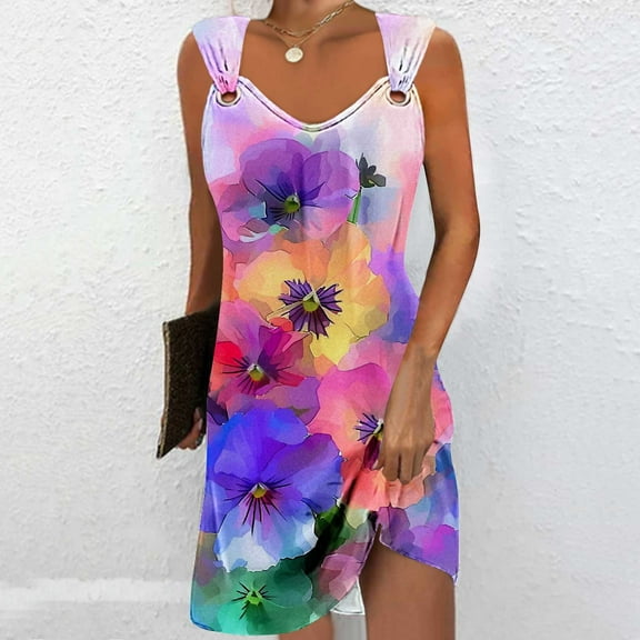 Viikei Womens Summer Dresses under $10,Flowy Chiffon Short Sleeve Dress,Women's Casual Versatile Printed V Neck Casual Sleeveless Suspender Dress Purple S