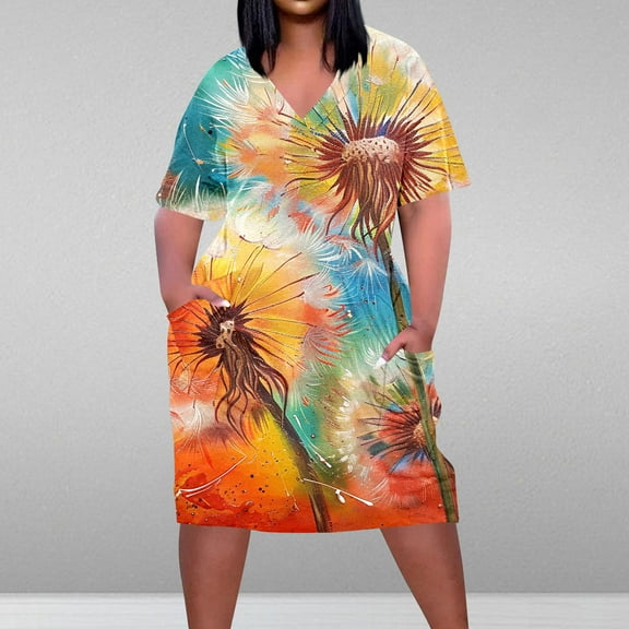 Viikei Womens Summer Dresses under $10,Women's Classic A-Line Short Sleeve Dress,Plus Size Dress for Women V Neck Summer Printing Sundresses Pocket Knee Short Sleeve with Pockets Multicolor XXXL