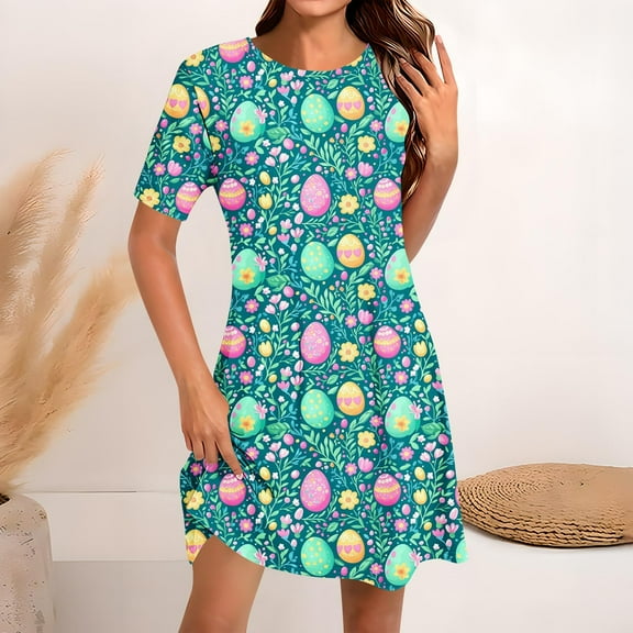 Viikei Womens Summer Dresses under $10,Women's Fit and Flare Short Sleeve Dress,Women's Fashion Round-Neck Short Sleeved Printed Pullover Dress Multicolor S
