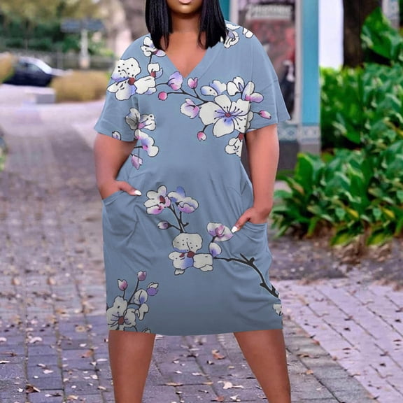 Viikei Womens Summer Dresses,Belted Wrap Short Sleeve Dress,Plus Size Dress for Women V Neck Summer Printing Sundresses Knee Short Sleeve with Pockets Gray L