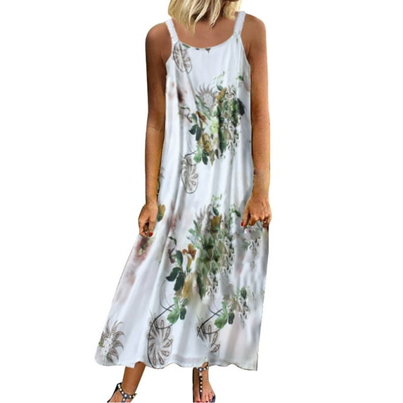 Viikei Plus Size Sleeveless Dress for Women Vintage O-Neck Floral Print Maxi Dress