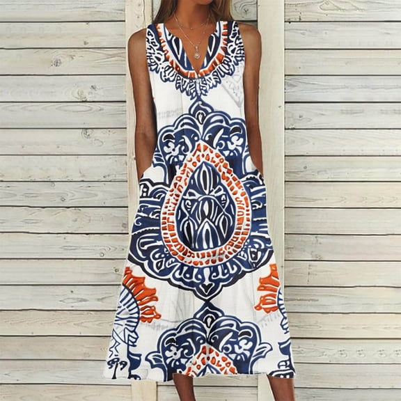 Viikei Womens Summer Dresses,Comfortable Short Sleeve Dress,New Women's V-neck Button Button Sleeveless Printed Long Dress Blue XXL