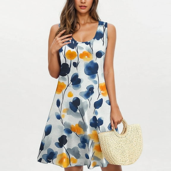 Viikei Womens Dresses Short Sleeve Casual Summer,Plus Size Summer Maxi Dress for Women,Fashion Women's Casual Printed Pocket Sleeveless Round Neck Dress White L