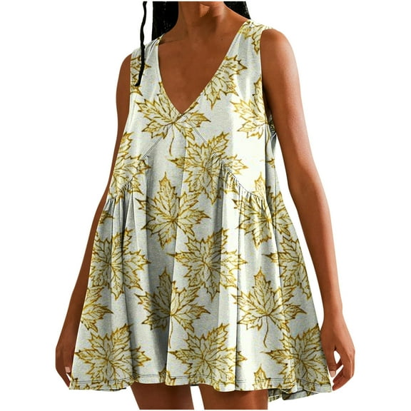 Viikei Womens Summer Dresses,Dresses for Women Plus SizeWomen's Summer Print Casual Loose Sleevless V-Neck Dress Yellow S