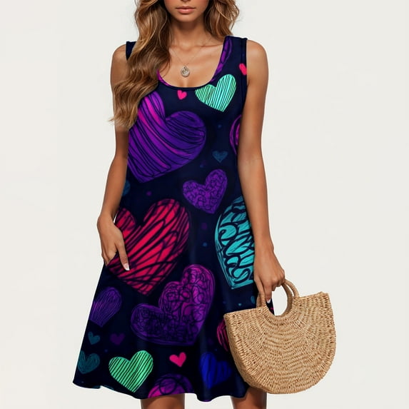 Viikei Womens Summer Dresses,Plus Size Summer Maxi Dress for Women,Valentine's Day Women Casual Plus-size Sleeveless Crew Neck Print Short Dress Black XL