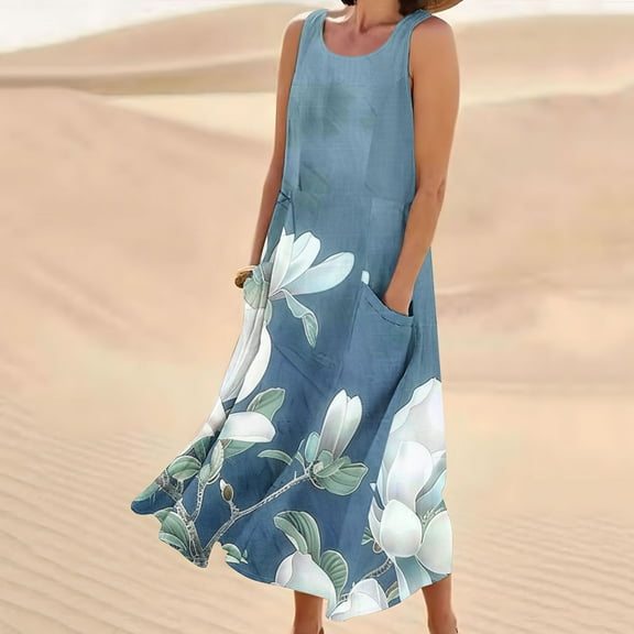Viikei Womens Summer Dresses,Plus Size Summer Maxi Dress for Women,Women's Sleeveless and Linen Round Neck Printed Long Dress with Pocket Navy S