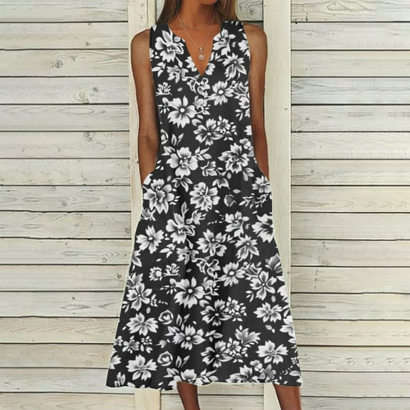 Viikei Womens Summer Dresses Plus Size,Women's Slim-Fit Short Sleeve Dress,New Women's V-neck Button Button Sleeveless Printed Long Dress Black L