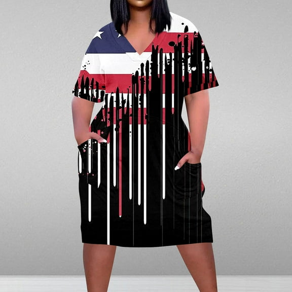 Viikei Womens Summer Dresses Plus Size,Women's Slim-Fit Short Sleeve Dress,Plus Size Dress for Women V Neck Summer Printing Sundresses Knee Short Sleeve with Pockets Black XXXXL