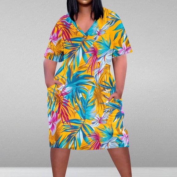 Viikei Womens Summer Dresses with Sleeves,Women's Casual Slip Short Sleeve Dress,Plus Size Dress for Women V Neck Summer Printing Sundresses Pocket Knee Short Sleeve with Pockets Multicolor XXXL