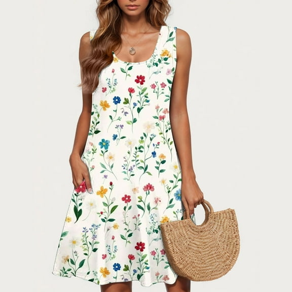 Viikei Womens Summer Dresses,Summer Dresses for Juniors,Women's Spring/Summer Casual Sleeveless Round Neck Fashion Floral Print Dress Sleeveless Round Neck Dress Multicolor XXL