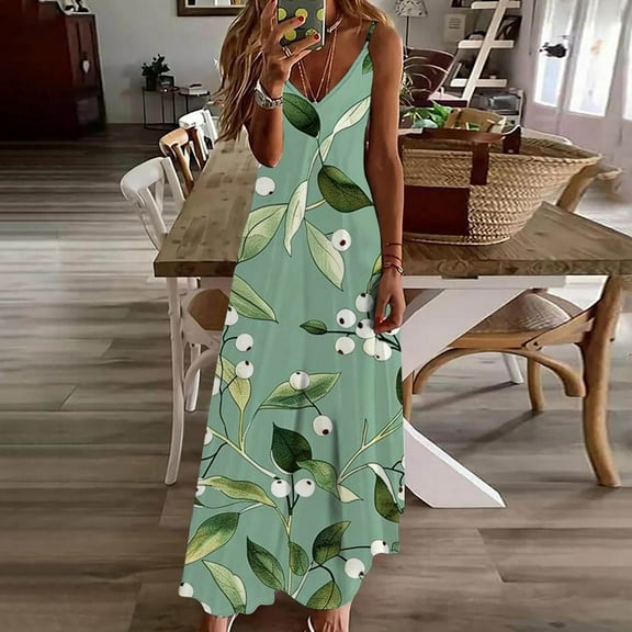 Viikei Womens Summer Dresses,Summer Dresses for Juniors,Fashion Women Summer Casual Solid V-Neck Camis Sleeveless Long Dress Green M