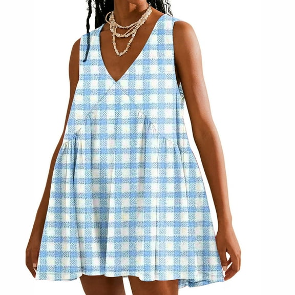 Viikei Womens Summer Dresses,Summer Dresses for Juniors,Women Casual Loose Summer Print Pleated Sleeveeless V-Neck Dress with Pocket Sky Blue XXL