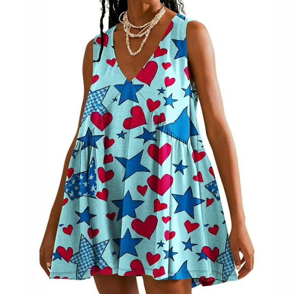 Viikei Womens Summer Dresses,Summer Dresses for Juniors,Women's Summer Print Casual Loose Sleevless V-Neck Dress Blue XXL