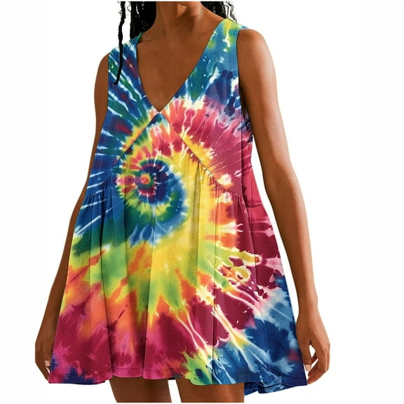 Viikei Womens Summer Dresses,Summer Dresses for Juniors,Women's Tie Printed Casual Loose Pleated Sleeveless V-neck Dress with Pockets Multicolor L