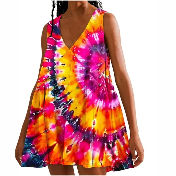 Viikei Womens Summer Dresses,Sundresses for Women Casual Summer,Women's Tie Printed Casual Loose Pleated Sleeveless V-neck Dress with Pockets Multicolor M